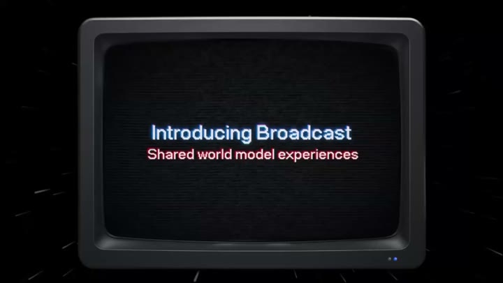 Opening title card of the Broadcast demo, reading “Shared world model experiences” on a CRT screen