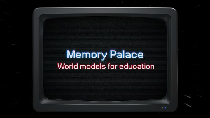 Opening title card of the Memory Palace demo, reading “World models for education” on a CRT screen